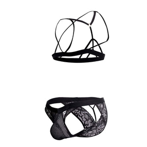 CandyMan 99521 Lace Cut-Out Top and Bikini Set Color Black